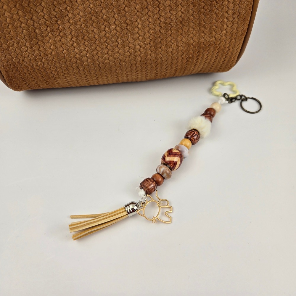 Boho Beaded Bag Charm Tassel Cat Keychain Wood Pom Pom Tan Gold Tone Cat Charm